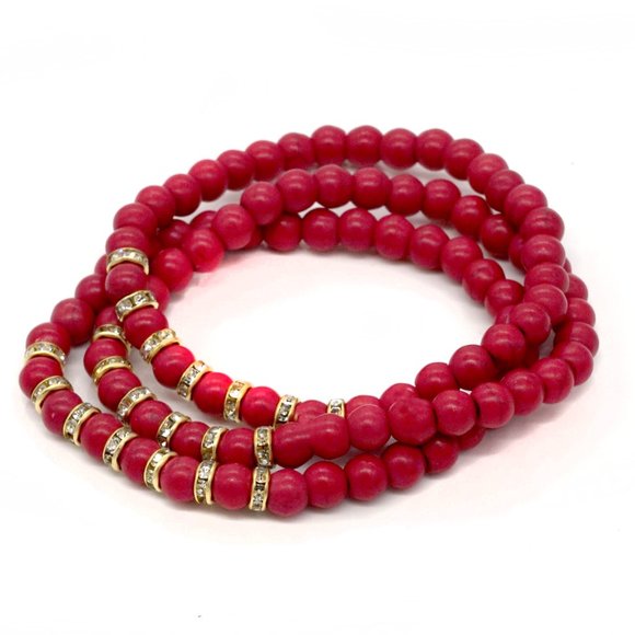 Bracelet with 3 strands red beads and rhinestones, OS - Picture 2 of 3